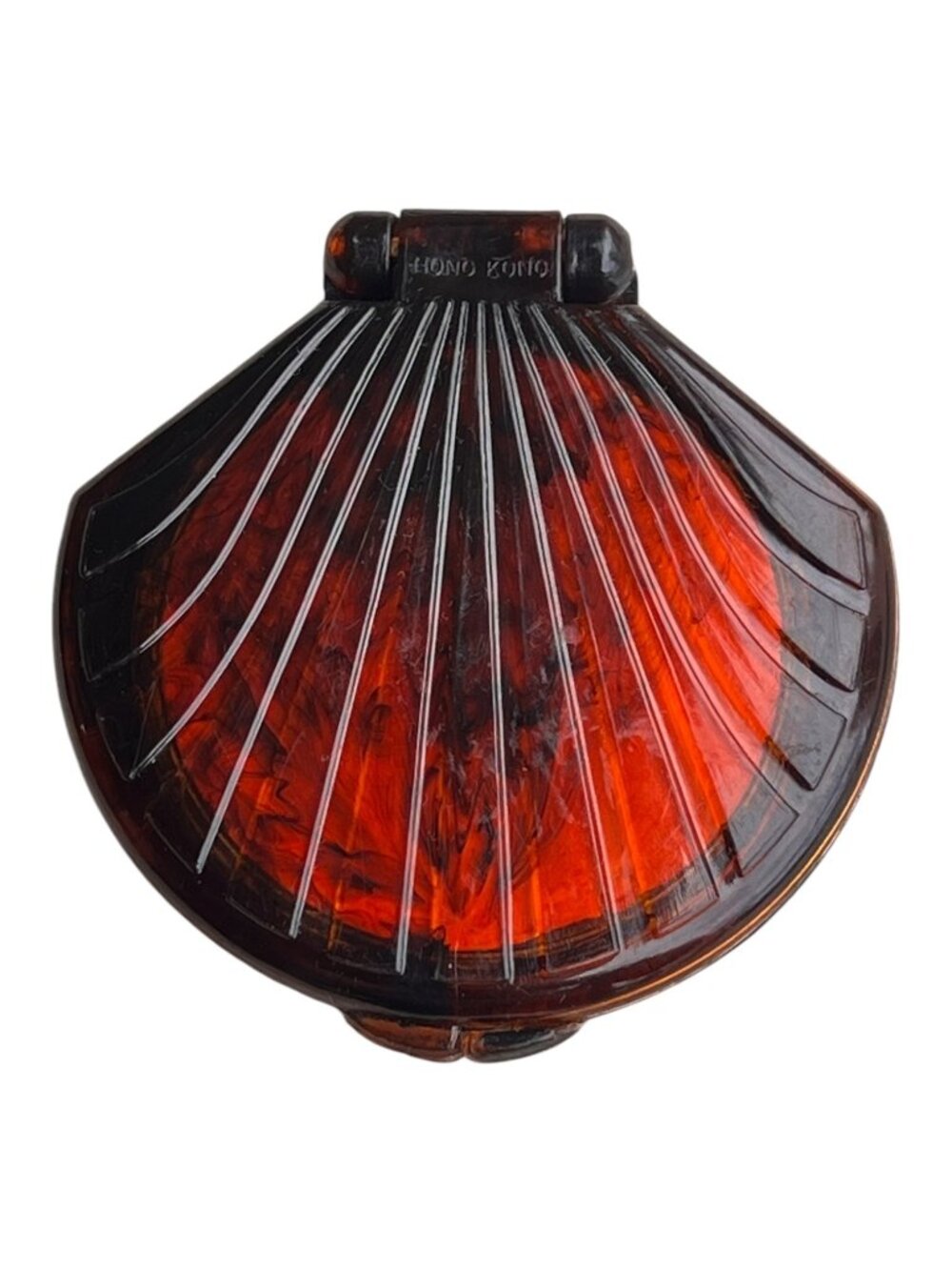Vintage Shell-Shaped Compact Mirror Faux Tortoise Lucite Dual Mirror Hong Kong